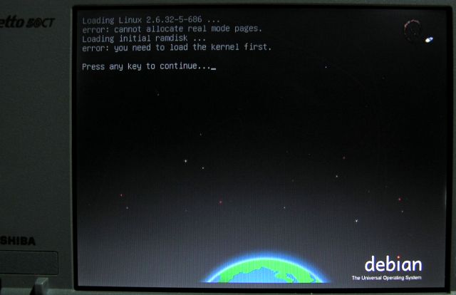 Booting Debian Linux 6.0 Squeeze on Toshiba Libretto 50 failed.